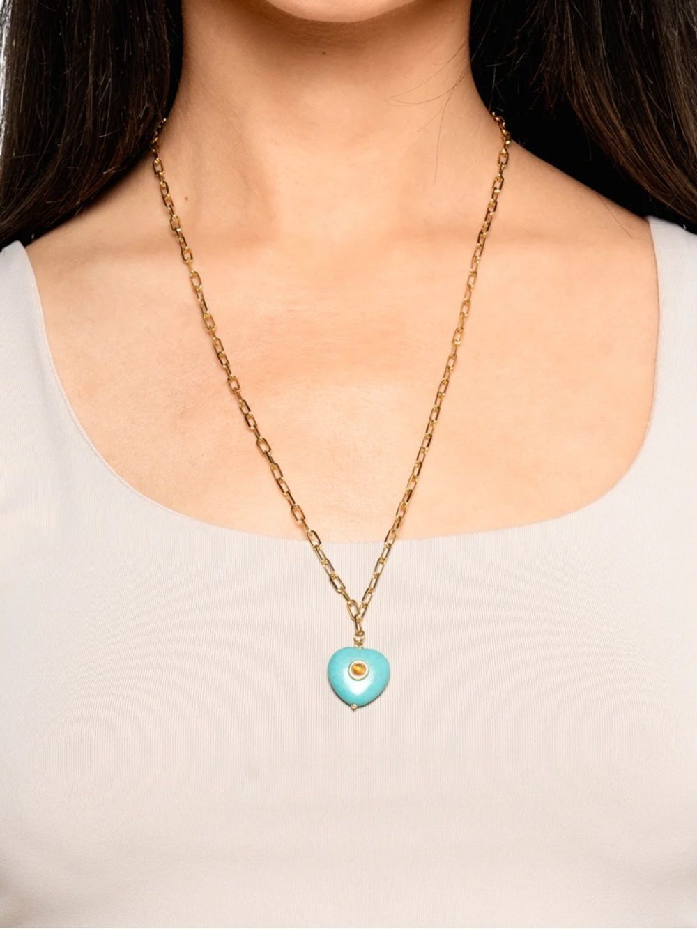 Gold Chain Necklace with Turquoise Heart Charm by Mayamar - Picture 2 of 5